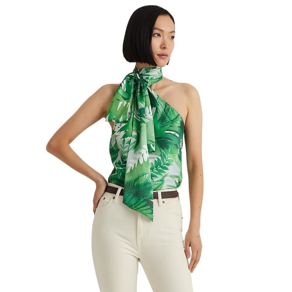 Ralph Lauren Charmeuse Tropical Leaf Print Blouse Top Tie Neck Recycled 16